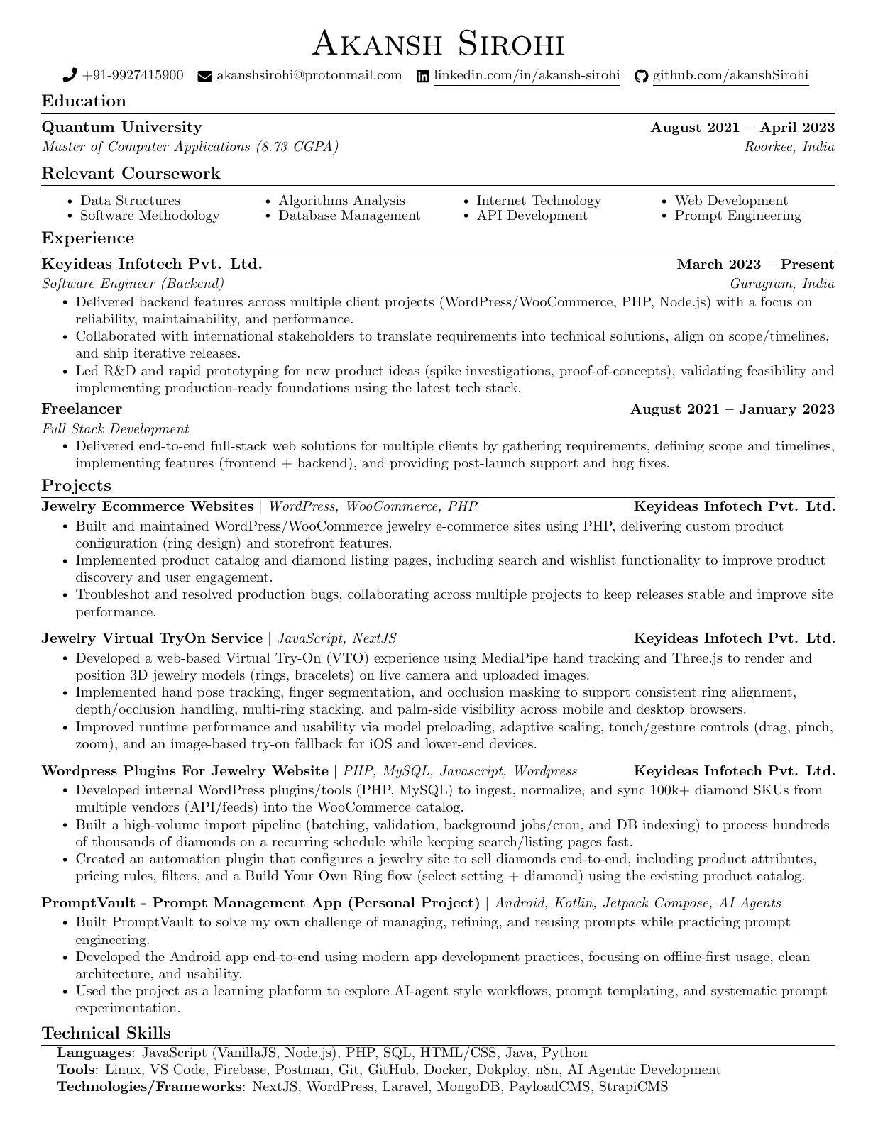 Akansh Sirohi's résumé, including experience, education, projects, and technical skills